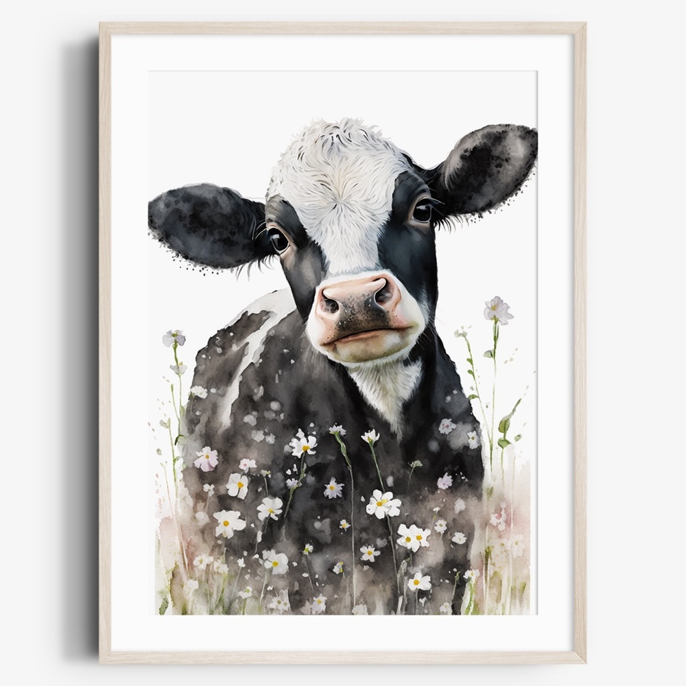 Watercolor Cute Floral Farm Cow Wall Art Illustration Print Poster Unframed